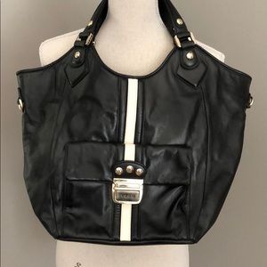 Black leather tote with gold hardware